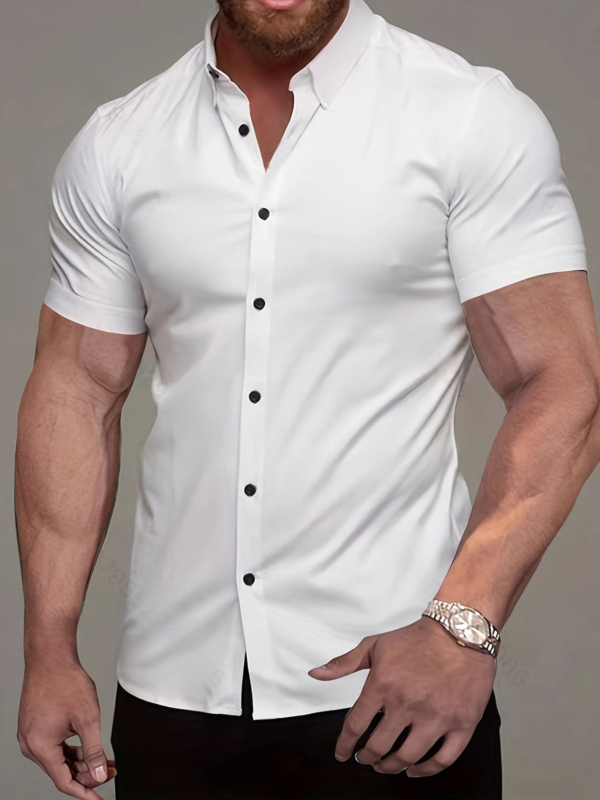 Kessoro men's refined short-sleeve button-up shirt shown in eleven colourways including white, black, navy and army green on a male model