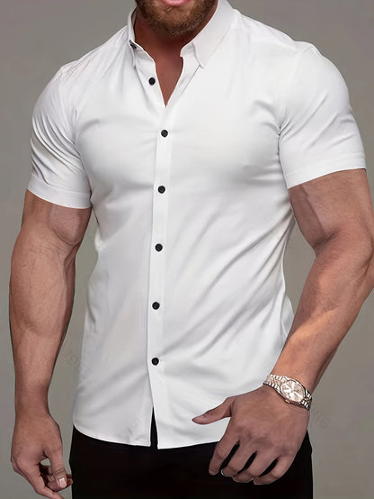 Kessoro men's refined short-sleeve button-up shirt shown in eleven colourways including white, black, navy and army green on a male model