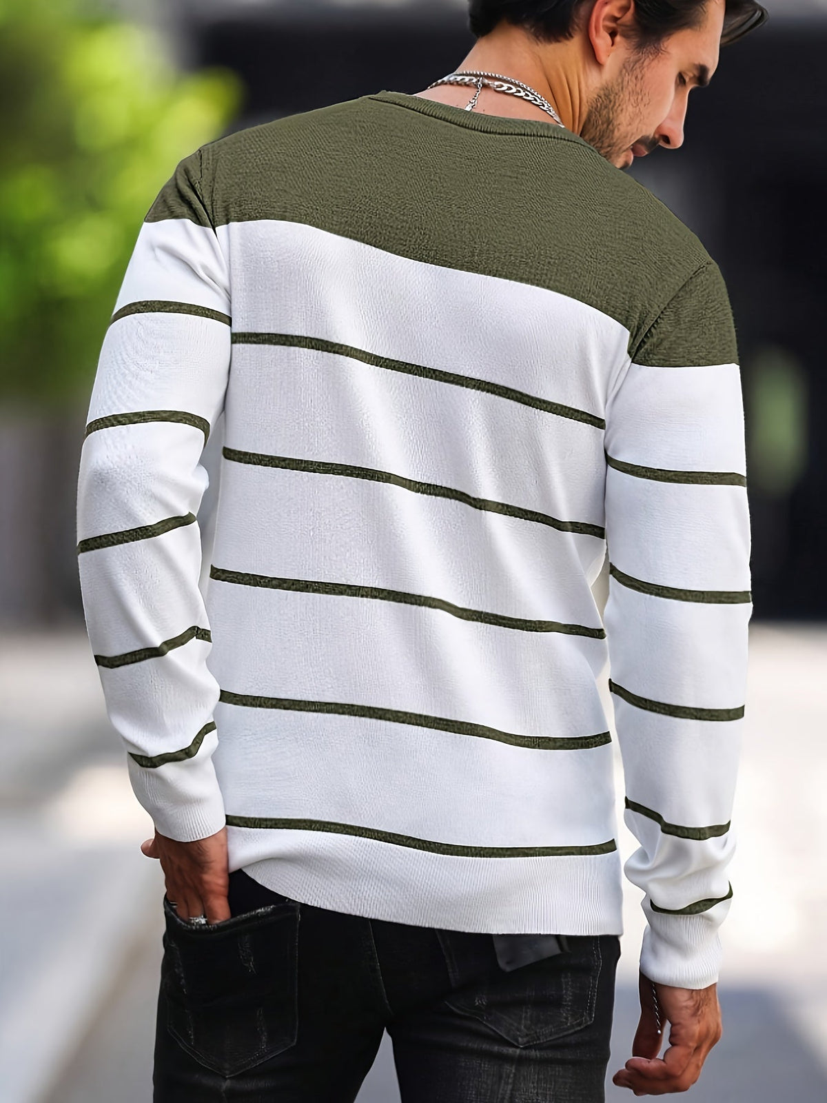 Kessoro Green striped crew neck knit sweater for men