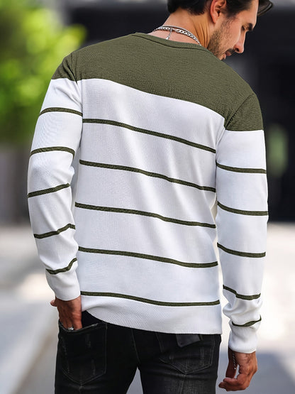 Kessoro Green striped crew neck knit sweater for men