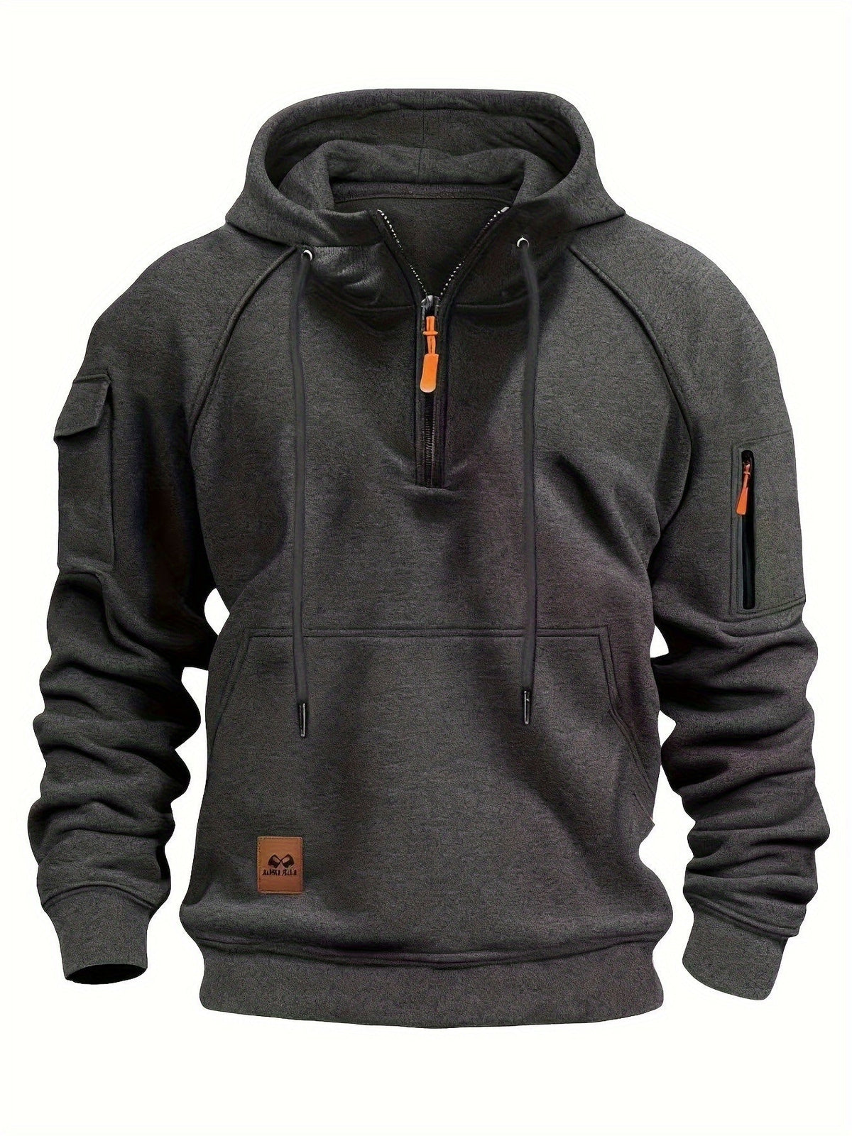Men's utility quarter-zip hoodie in black, navy, khaki and burgundy with pocket detail, colour option 2 detail view