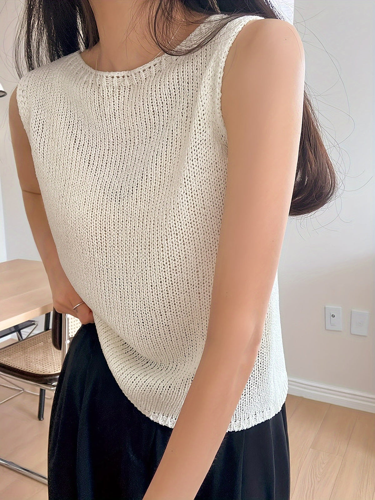 Kessoro women's relaxed open-knit sleeveless top in apricot and coffee brown, women's tops — view 2 of 8