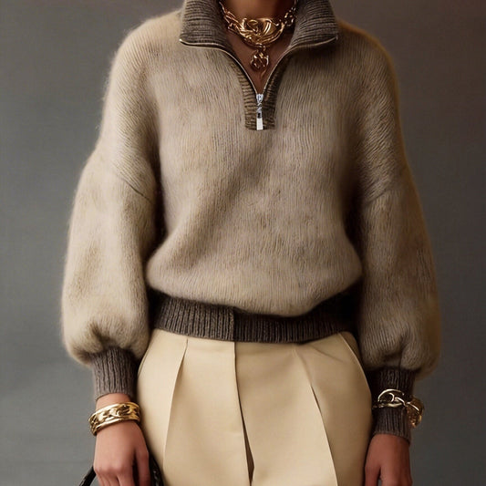 Women's relaxed half-zip ribbed sweater in khaki and lavender, front view