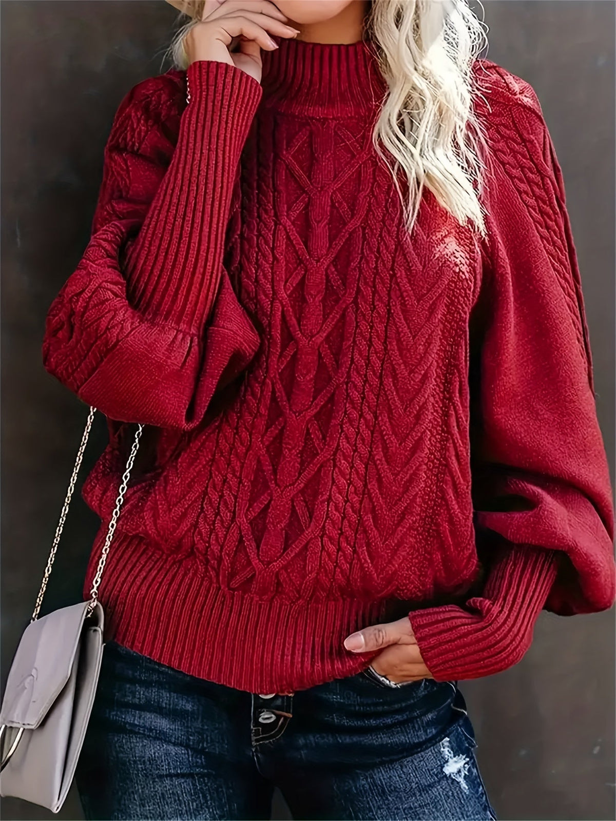 Kessoro women's cable-knit half-high collar sweater in black, red, grey, khaki and green – view 4