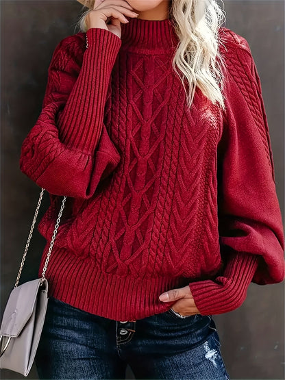 Kessoro women's cable-knit half-high collar sweater in black, red, grey, khaki and green – view 4