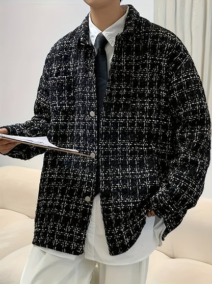 Kessoro Men's Textured Plaid Shirt Jacket in black, image 3 of 7.