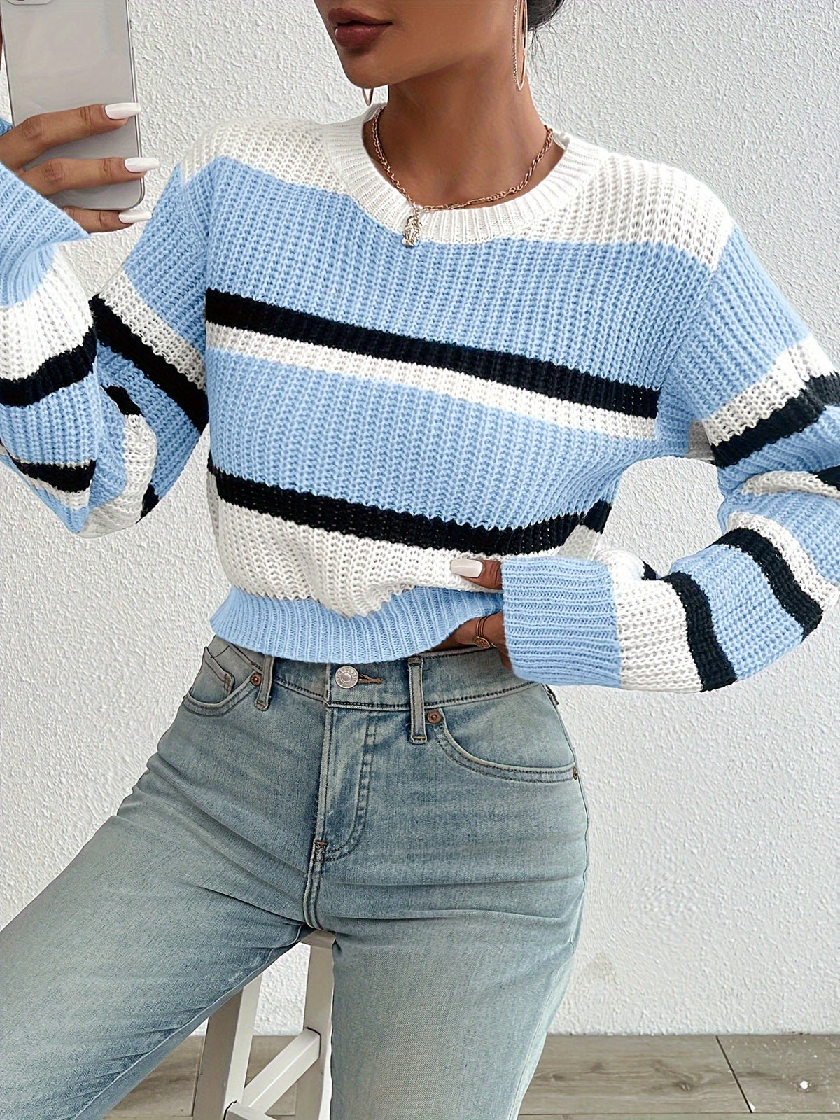 Kessoro women's colorblock striped cropped sweater in sky blue and pink, women's knitwear — view 2 of 6