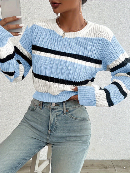 Kessoro women's colorblock striped cropped sweater in sky blue and pink, women's knitwear — view 2 of 6