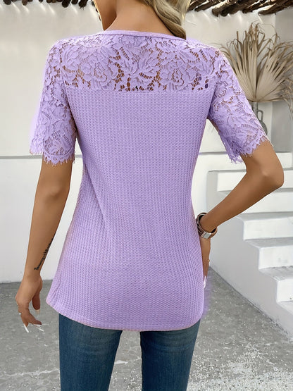 Kessoro women's lace-panel short sleeve button top in pink, yellow and purple – view 4