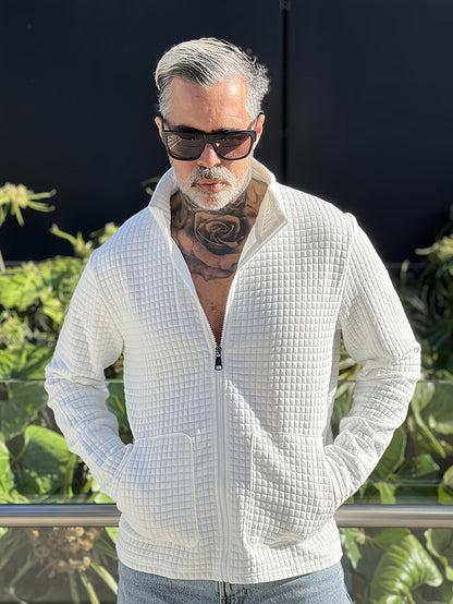 Kessoro Men's Textured Stand-Collar Full-Zip Jacket in white, khaki and black, image 2 of 18.