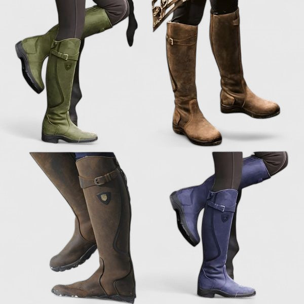 Kessoro women's buckle accent comfort boots in dark brown, black, blue and green