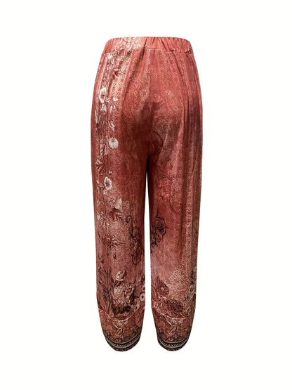 Kessoro women's botanical print elastic-waist cropped trousers in vintage plant and retro colours