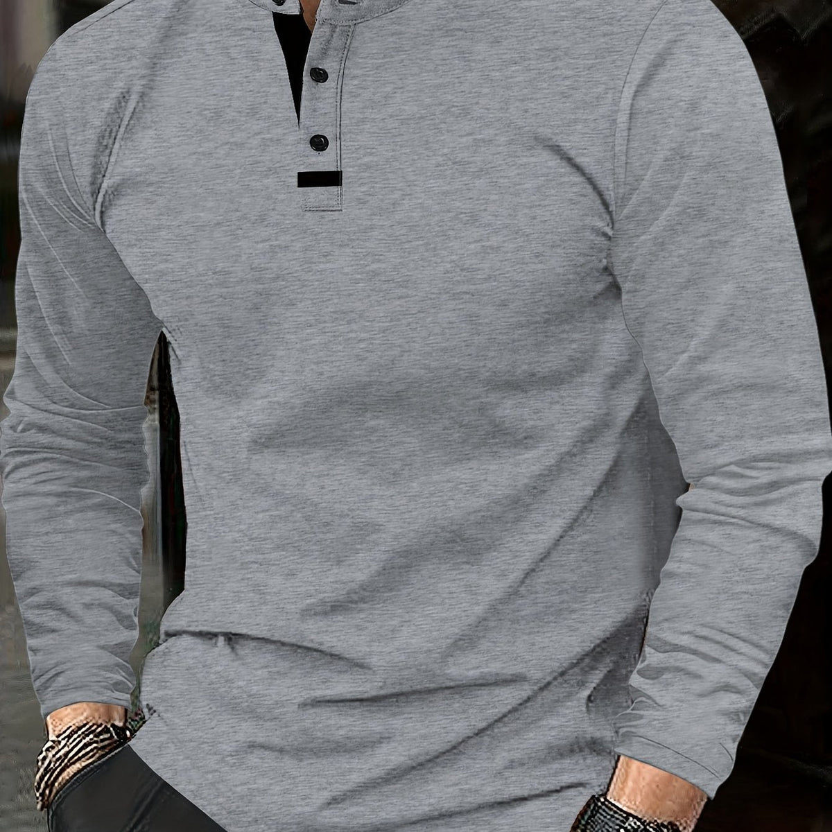Men's refined long-sleeve button-placket henley shirt in granny gray, matcha green and navy, front view