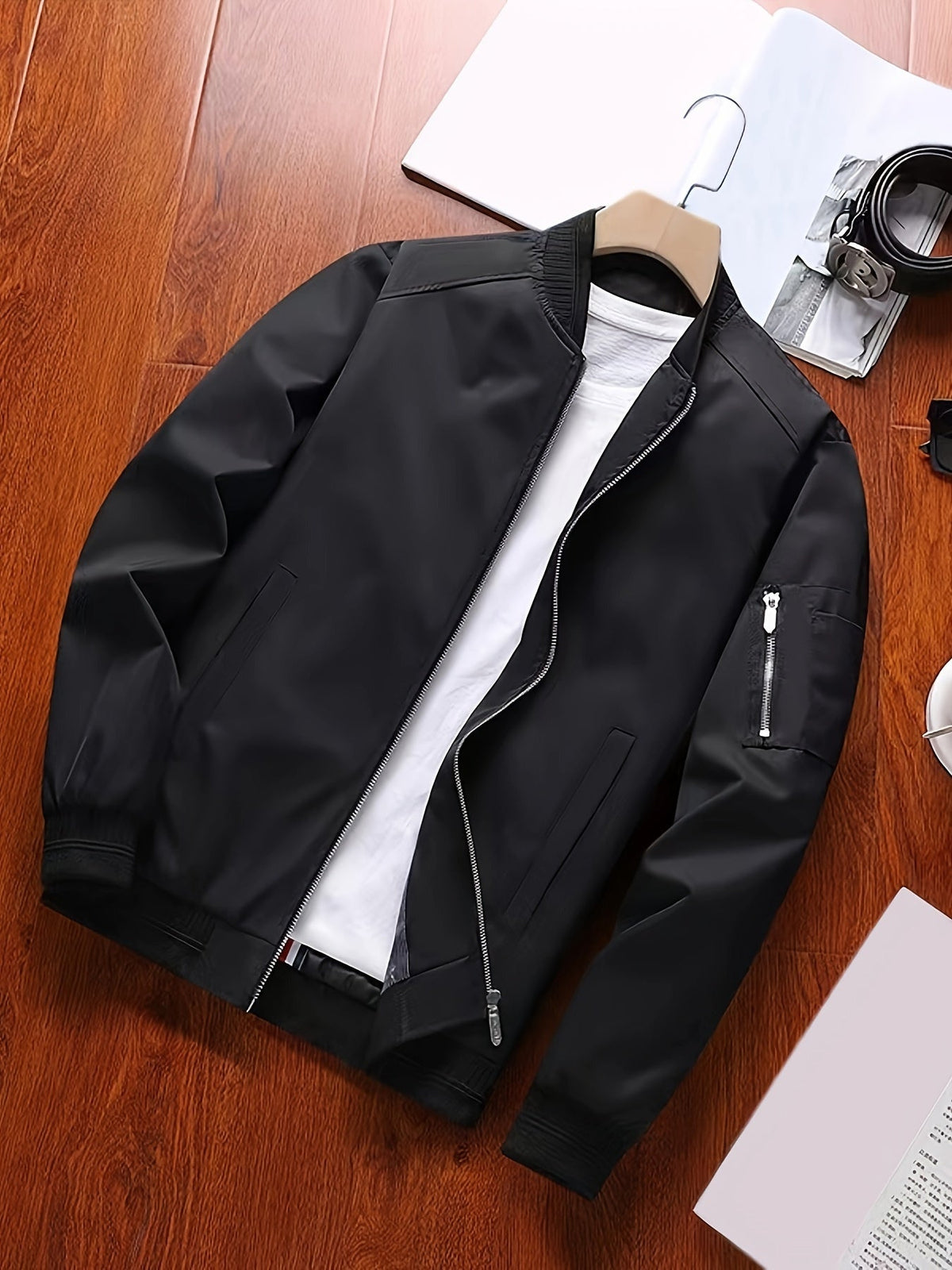 Men's classic zip-front everyday bomber jacket in black and burgundy, side view
