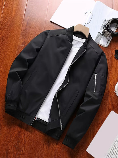 Men's classic zip-front everyday bomber jacket in black and burgundy, side view