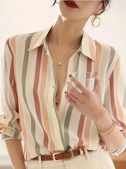 Kessoro Women's Striped Lapel Collar Button-Up Blouse in blue, sky blue, tangerine and other colourways — side view