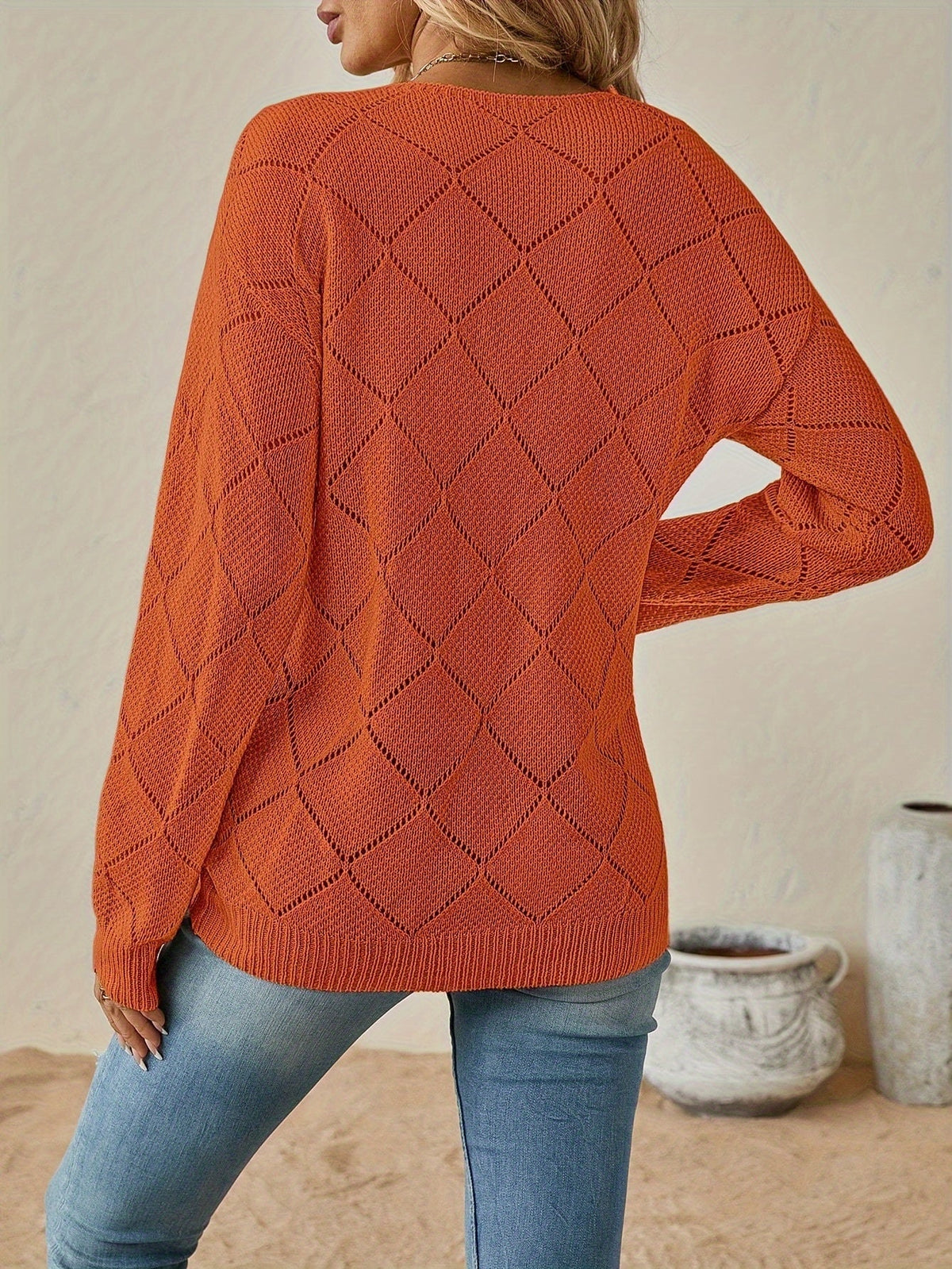 Kessoro women's openwork diamond knit V-neck sweater in black, white, khaki and orange red