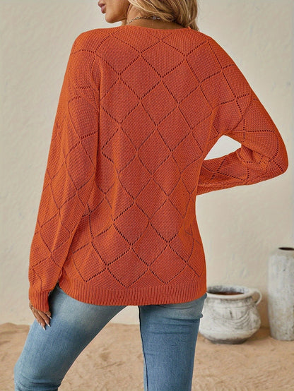 Kessoro women's openwork diamond knit V-neck sweater in black, white, khaki and orange red