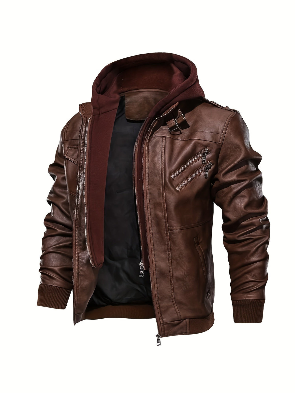 Kessoro men's hooded moto biker jacket in black, dark grey or coffee brown, view 25 of 30