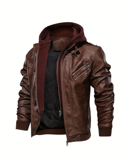 Kessoro men's hooded moto biker jacket in black, dark grey or coffee brown, view 25 of 30