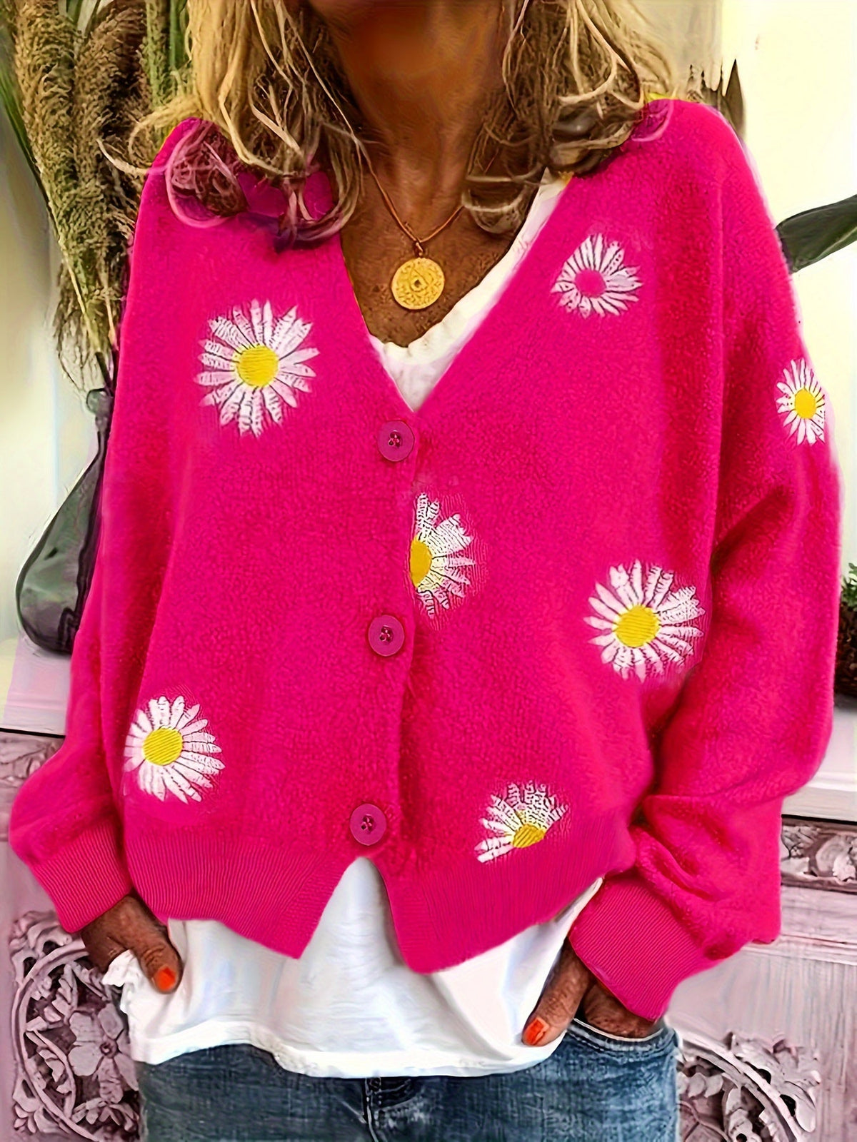 Kessoro women's floral embroidered button-front knit cardigan in green, blue, black, grey and yellow