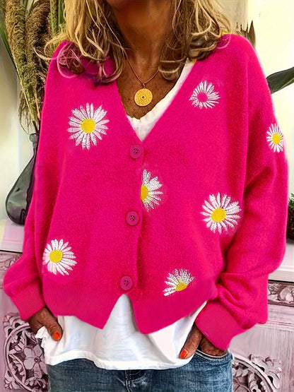 Kessoro women's floral embroidered button-front knit cardigan in green, blue, black, grey and yellow