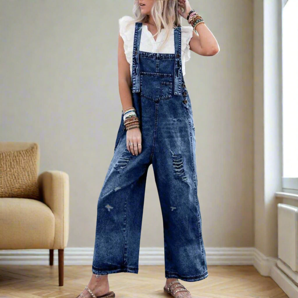 Kessoro women's vintage-style adjustable plain jumpsuit in blue and grey colourways