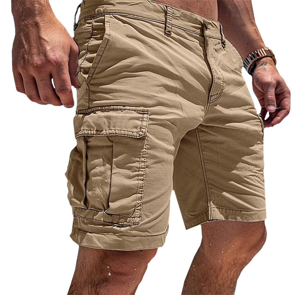 Men's classic utility cargo shorts in grey, khaki, dark green and black, shown for menswear styling