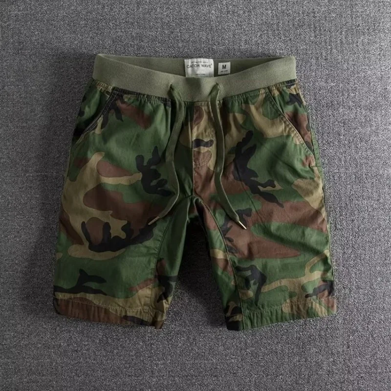 Kessoro Men's Camo Print Drawstring Relaxed Shorts in dark forest and military green — front view