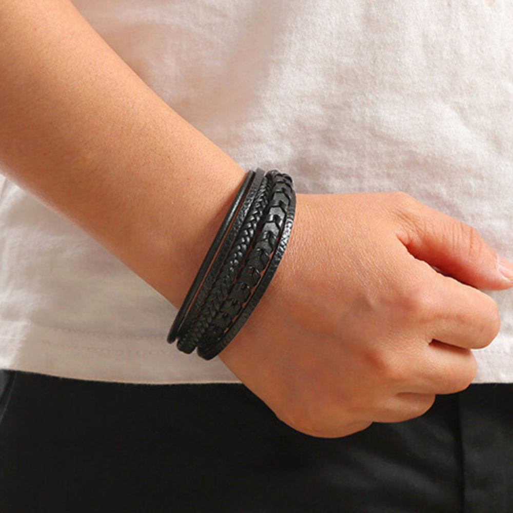 Kessoro men's braided Norse-inspired magnetic clasp bracelet in blue, brown and black