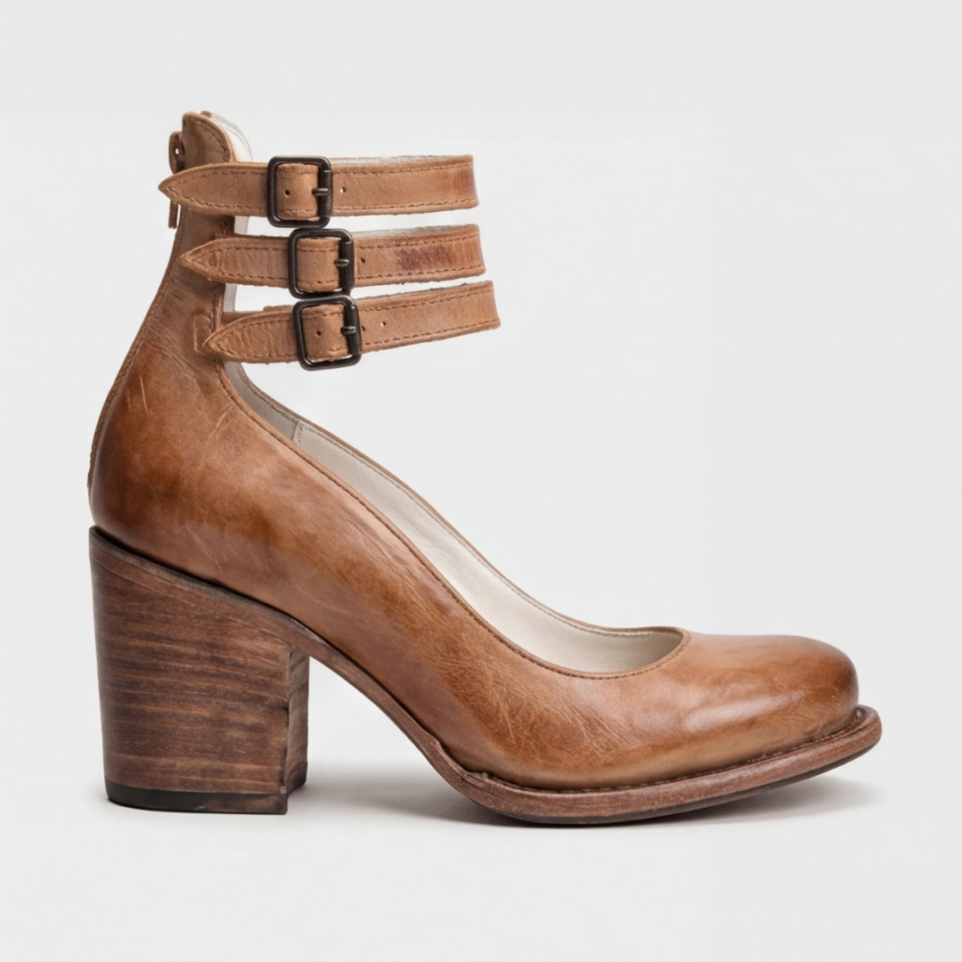 Women's light brown retro ankle-strap heels