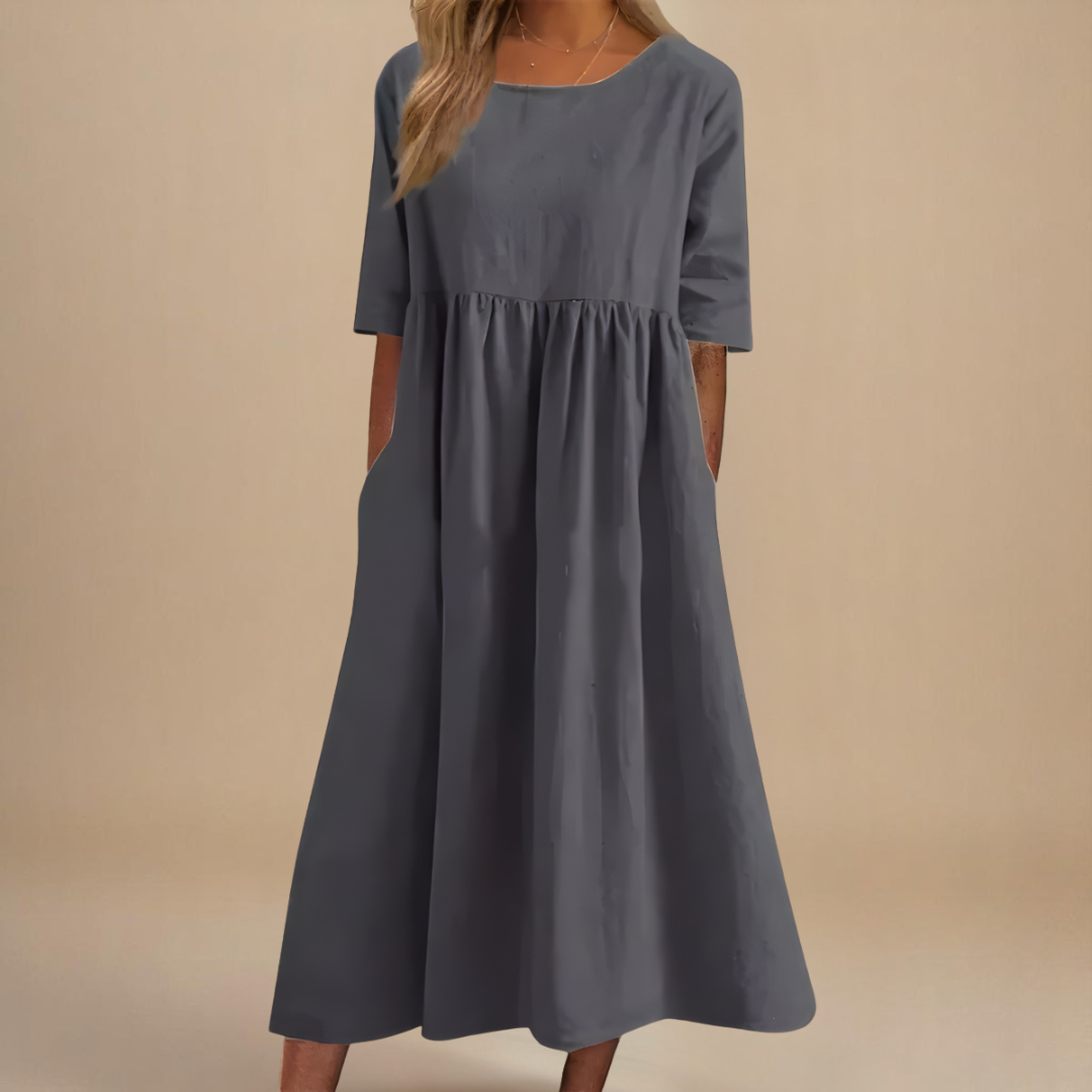 Women's round neck A-line midi dress in blue, pink, green, black, gray and white