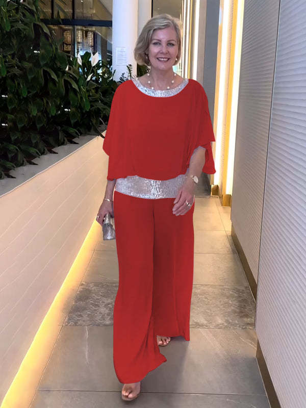 Women's wide sleeve top and wide-leg pants set in pink, black, blue, khaki, white and red