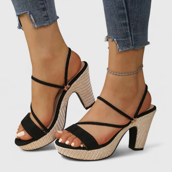 Women's lace chunky block heels in black and white