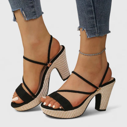 Women's lace chunky block heels in black and white