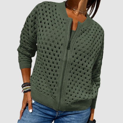 Women's open-knit zip-front cardigan in neutral and jewel-tone colorways