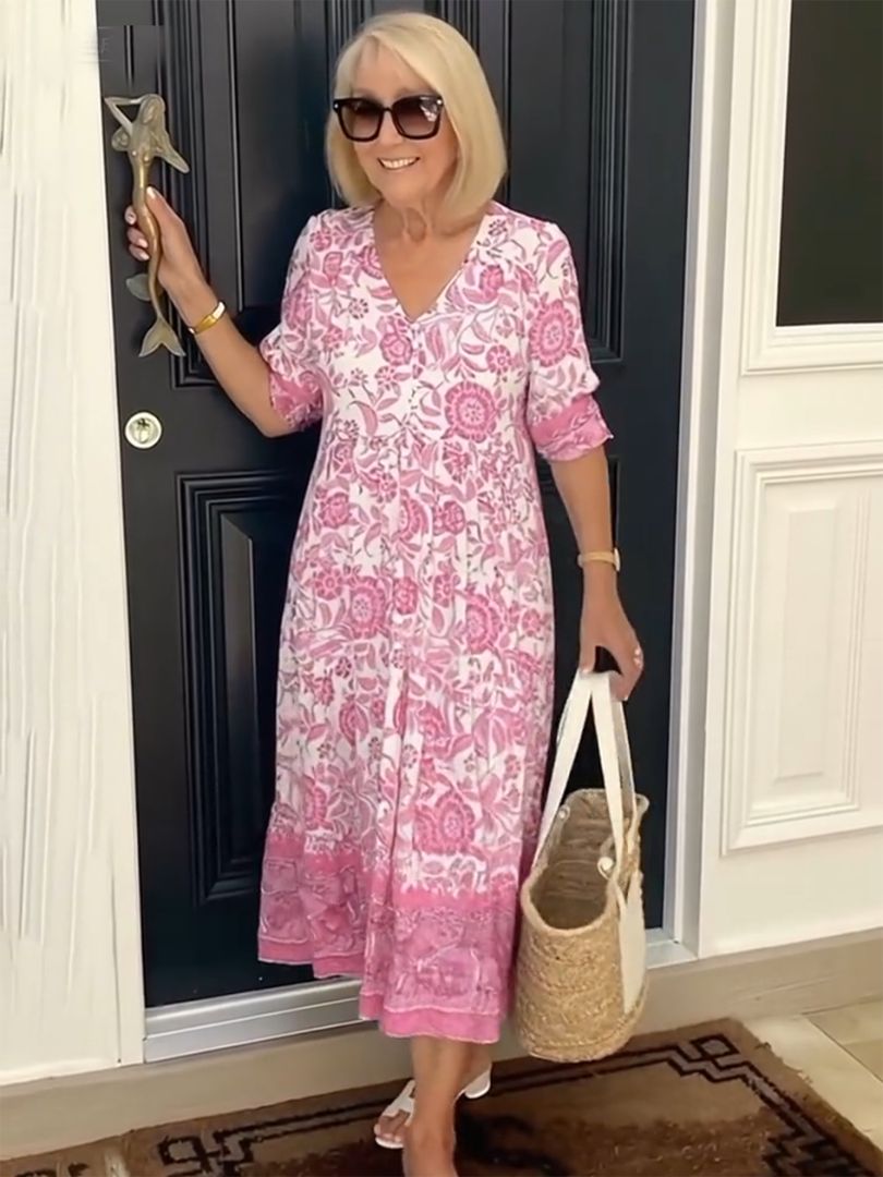 Women's graceful V-neck floral print dress in blue, brown, pink, violet and green