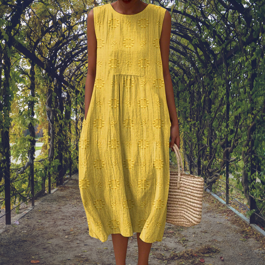 Women's embroidered sleeveless pocket dress in green, blue, yellow, white, red and orange