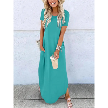 Kessoro women's round-neck casual summer maxi dress in gray, blue, emerald, black and striped prints