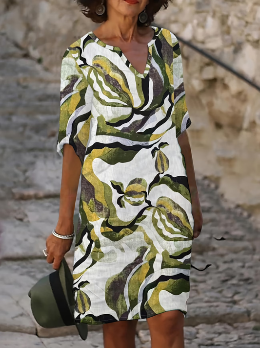 Kessoro women's artful hand-painted print relaxed summer dress in yellow, blue, green and pink