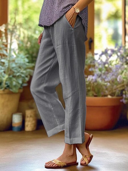 Women's straight cut cropped casual trousers in white, black, grey, blue, green and khaki