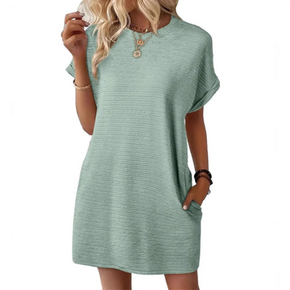 Kessoro women's minimalist round neck summer dress in rose red, light pink, apricot, dark blue and more colorways - women's dresses