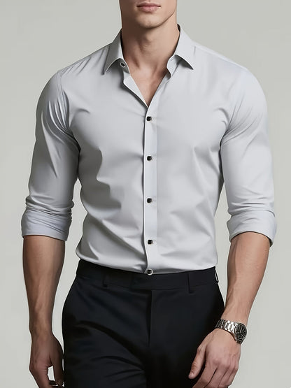 Men's tailored long-sleeve button-up shirt in sky blue, light grey and white, colour option 1 detail view