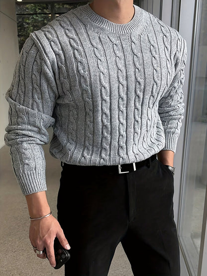Kessoro Men's Twisted Cable-Knit Crewneck Sweater in navy and grey, image 8 of 12.