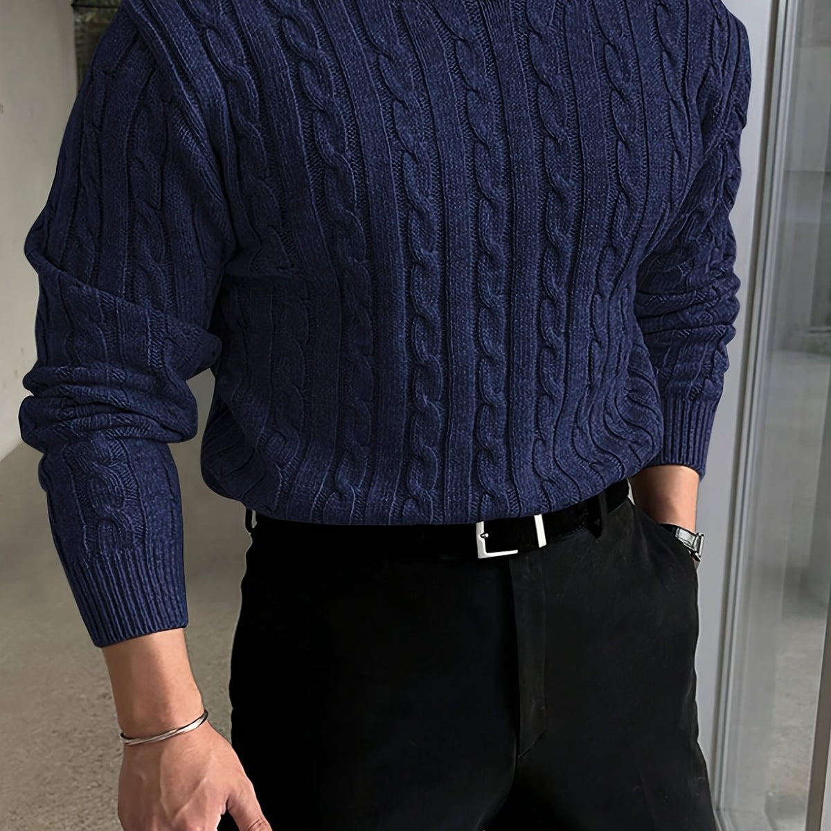 Kessoro Men's Twisted Cable-Knit Crewneck Sweater in navy and grey, image 1 of 12.