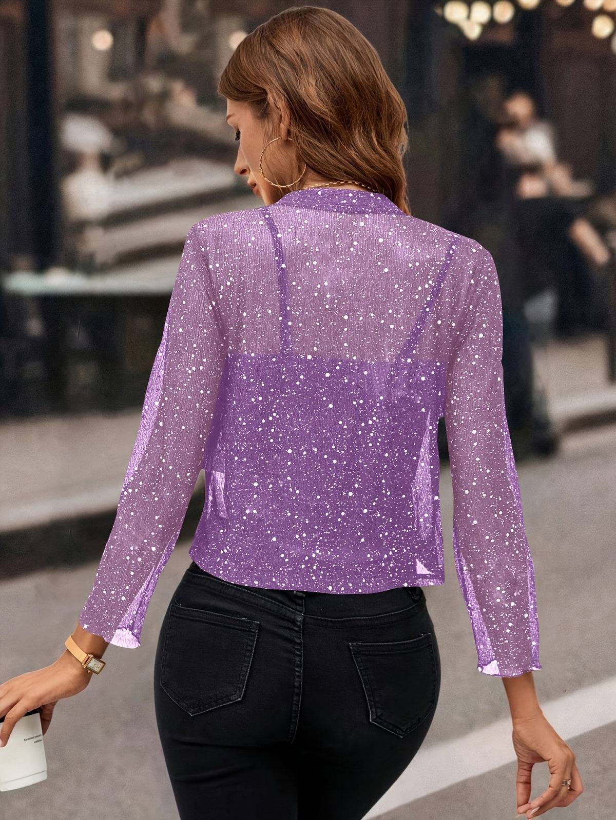 Kessoro women's shimmer cropped open-front bolero jacket in deep grey, sky blue, pink and purple