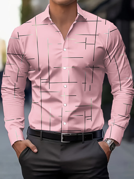 Men's line-print regular fit button-up shirt in navy, malachite green, orange yellow and pink