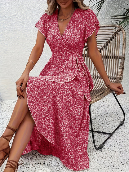 Kessoro women's flowing floral print wrap dress in peacock blue, yellow, green, camel and navy