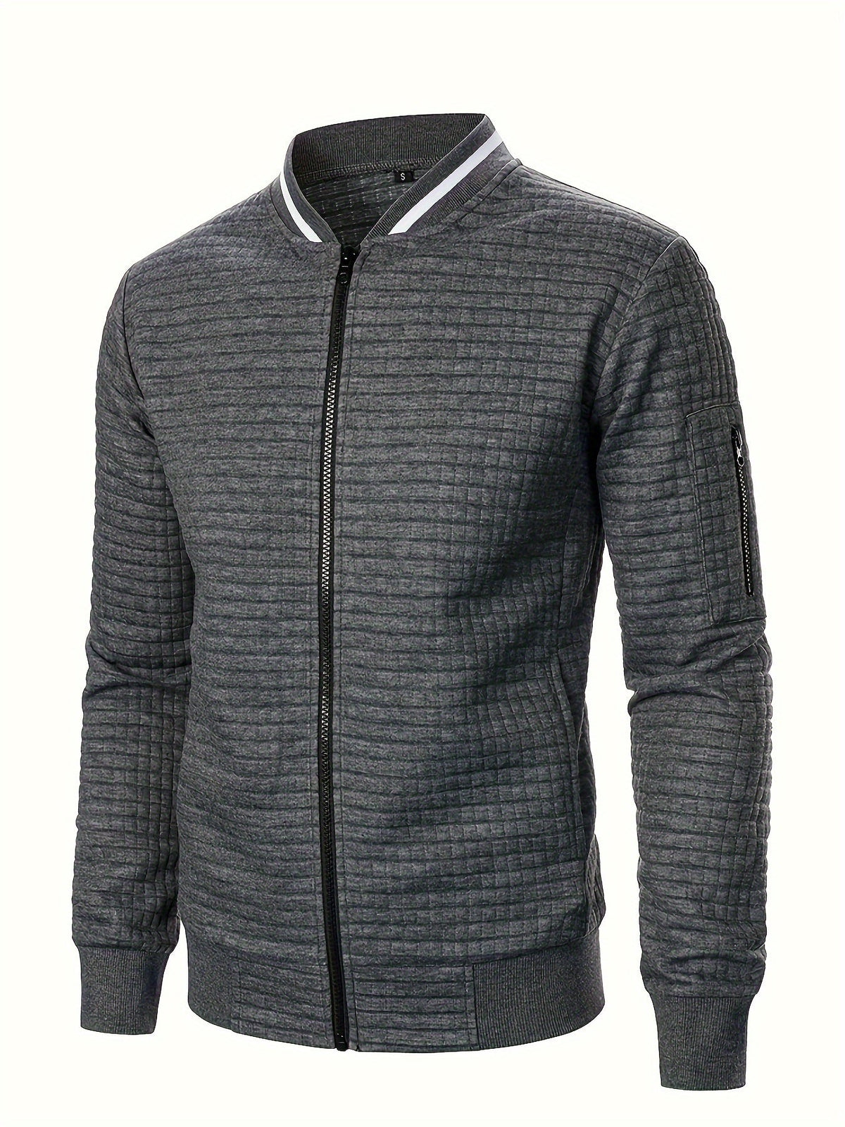 Men's textured stand-collar zip-up bomber jacket in khaki, black, dark gray, military green, navy and burgundy, styled view 2