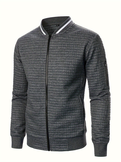 Men's textured stand-collar zip-up bomber jacket in khaki, black, dark gray, military green, navy and burgundy, styled view 2